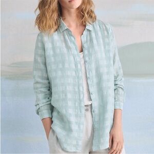 Poetry Blue Seersucker Shirt Linen & Cotton in Ocean Ecru Women's Size 10